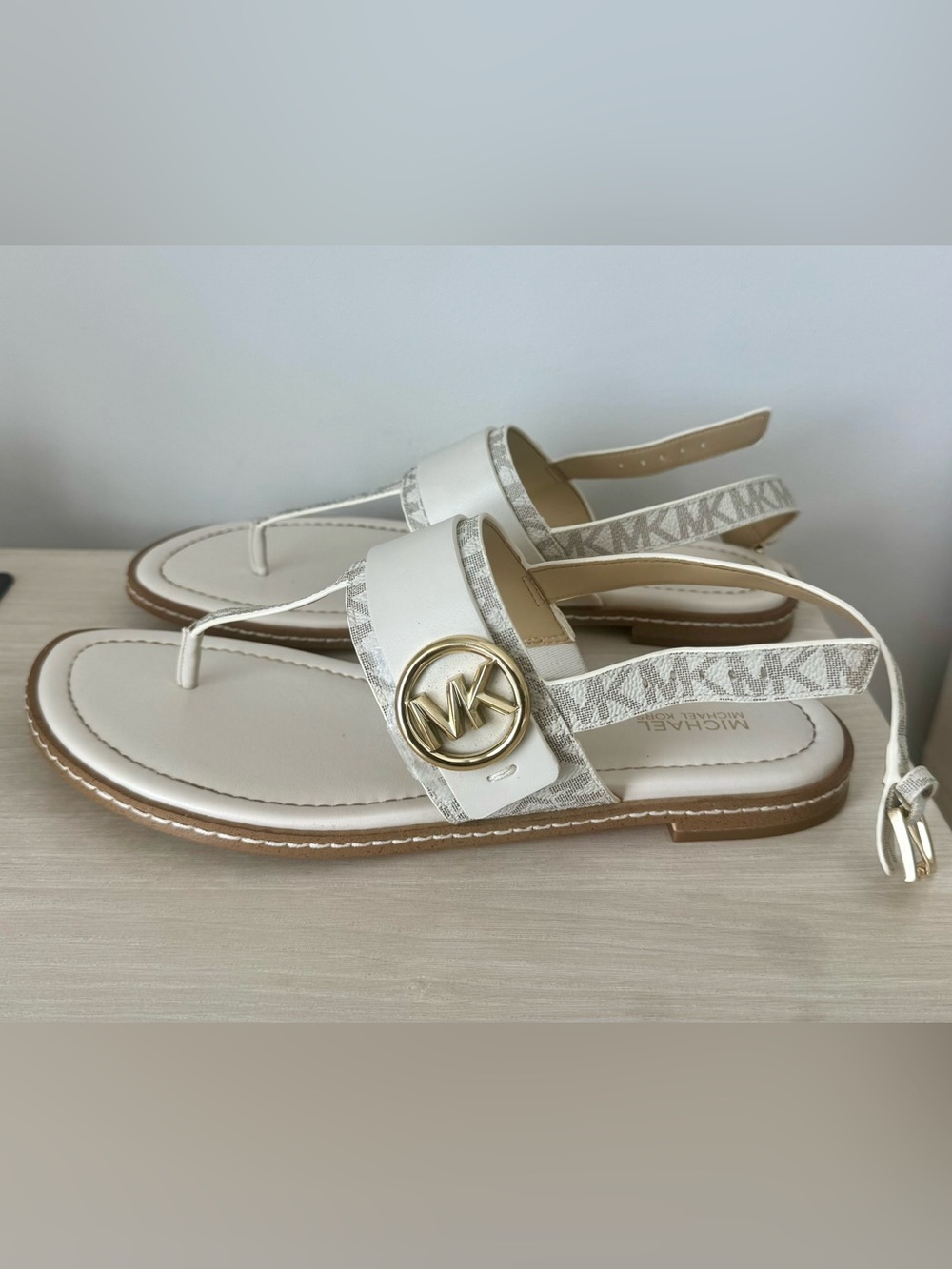 Michael Kors Cream and Gold MK Logo T-Strap Sandals
